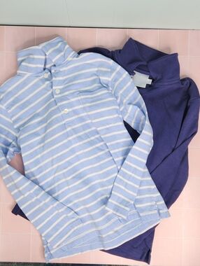 Little English Long-Sleeve Polo Tops in Light Blue Stripe & Navy